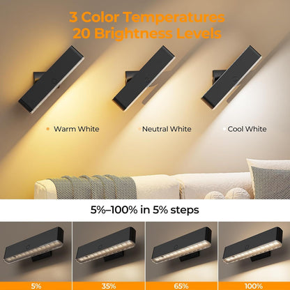 Battery Operated Wall Sconce Set of 2 Wireless Wall Lamp with Remote Control & Touch Control Rechargeable LED Wall Lights 3 Color Temperatures 360° Rotatable for Bedroom Living Room Black