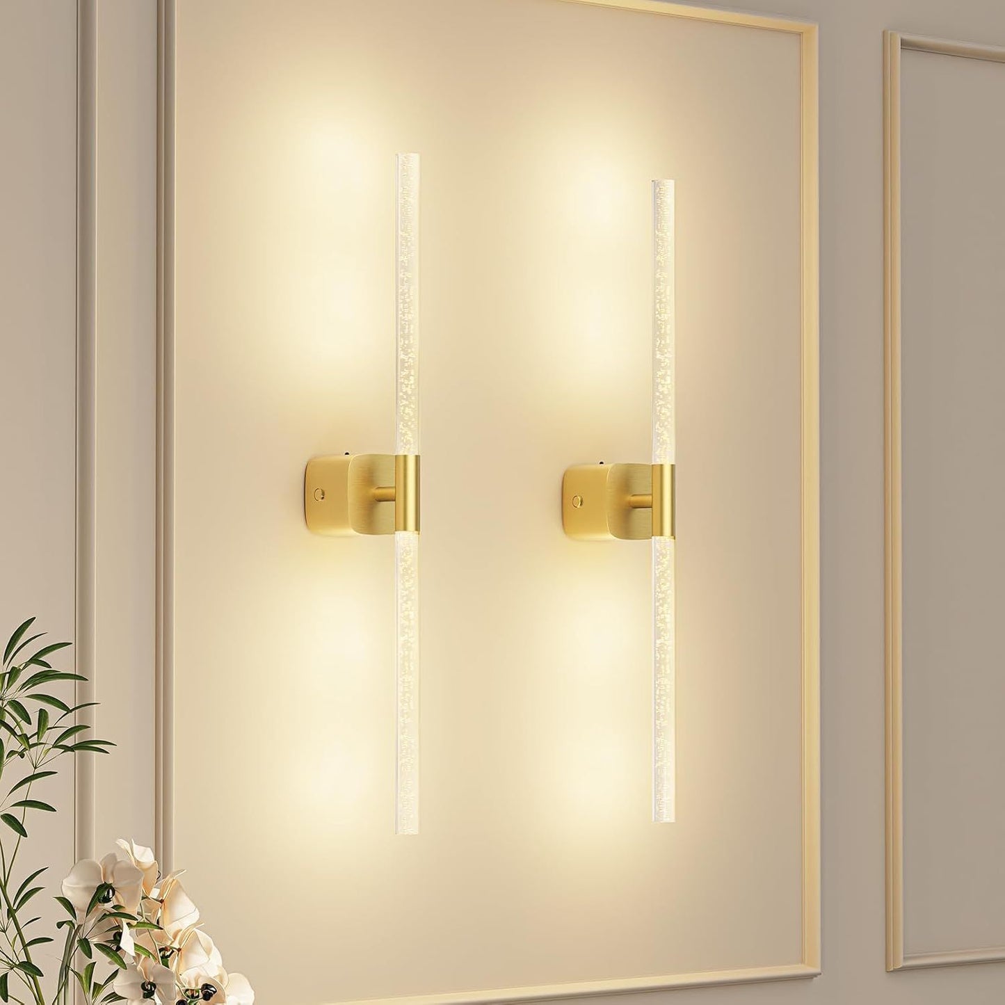 Gold Battery Operated Wall Sconce Set of 2, Rechargeable Wireless Wall Lights with Remote and Touch, 360° Rotatable Sconces Wall Decor for Bedroom Living Room (23.62 Inch, 2-Pack)