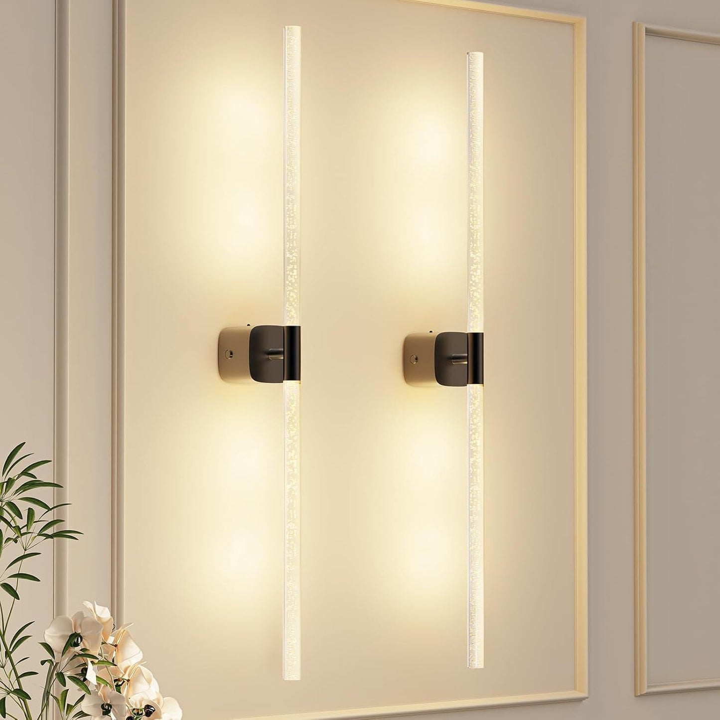 Black Battery Operated Wall Sconce Set of 2, Rechargeable Wireless Wall Lights with Remote and Touch, 360° Rotatable Sconces Wall Decor for Bedroom Living Room (31.49 Inch, 2-Pack)