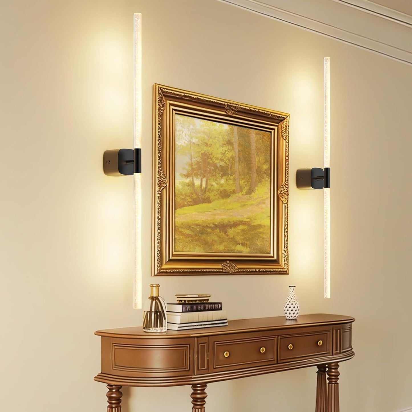 Black Battery Operated Wall Sconce Set of 2, Rechargeable Wireless Wall Lights with Remote and Touch, 360° Rotatable Sconces Wall Decor for Bedroom Living Room (31.49 Inch, 2-Pack)