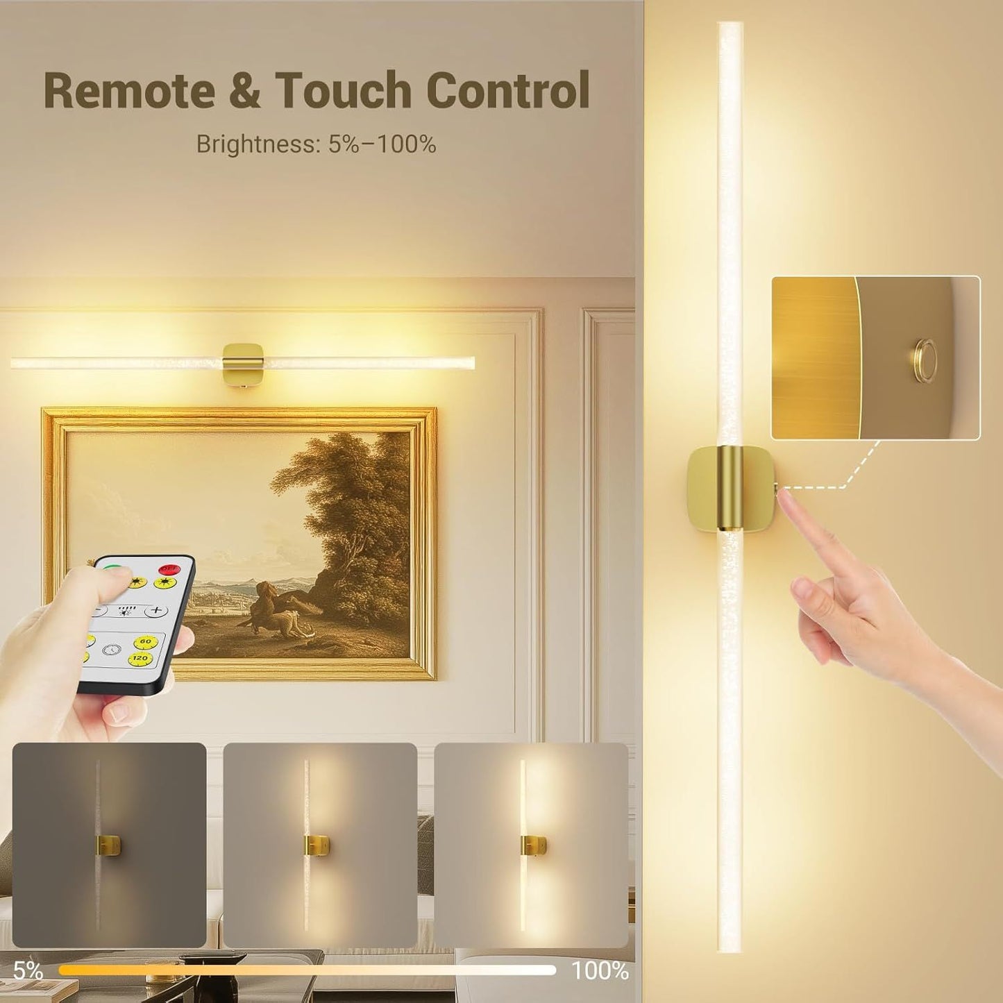 Gold Battery Operated Wall Sconce Set of 2, Rechargeable Wireless Wall Lights with Remote and Touch, 360° Rotatable Sconces Wall Decor for Bedroom Living Room (31.49 Inch, 2-Pack)