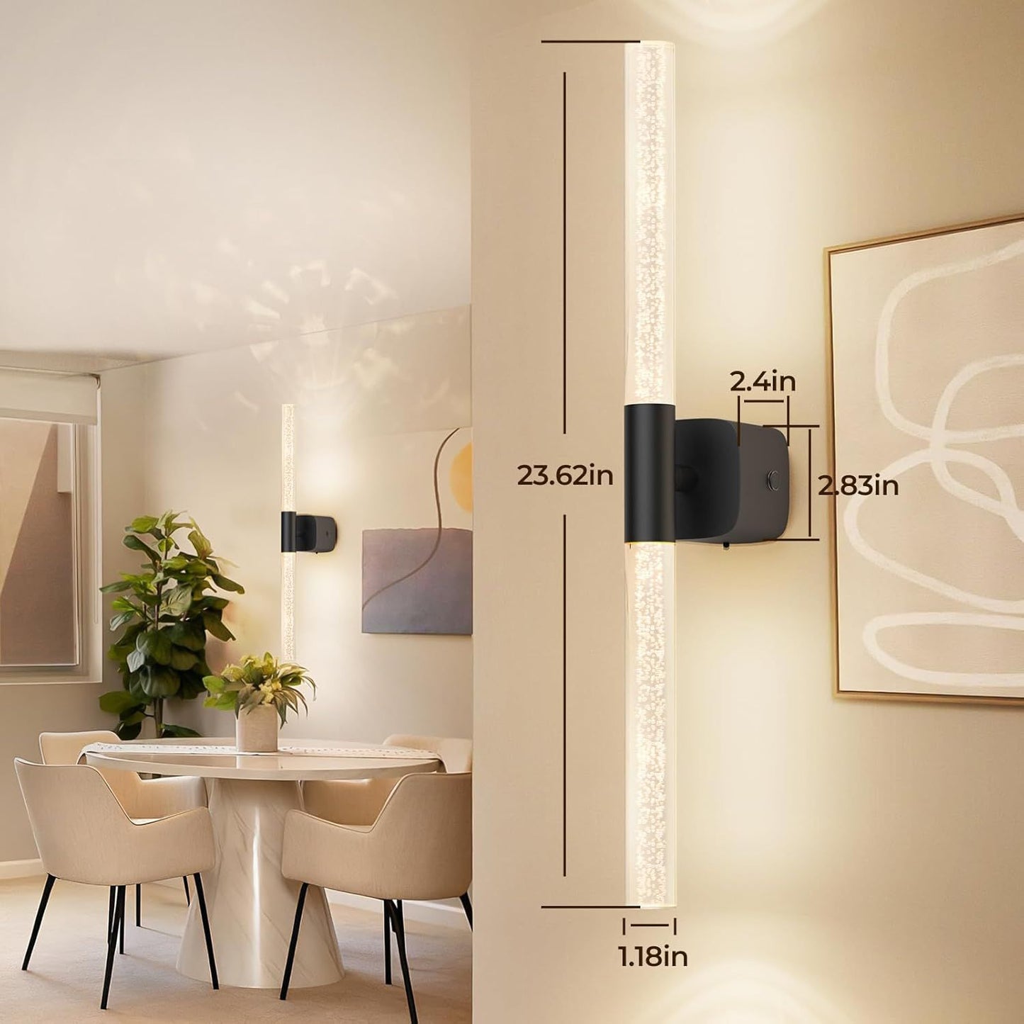 Battery Operated Wall Sconce Set of 2 Black Rechargeable Acrylic Crystal Sconce Wall Decor Set of 2 with 12000mAh CCT Dimmable 350° Rotate Remote Wireless Wall Light for Bedroom Living Room