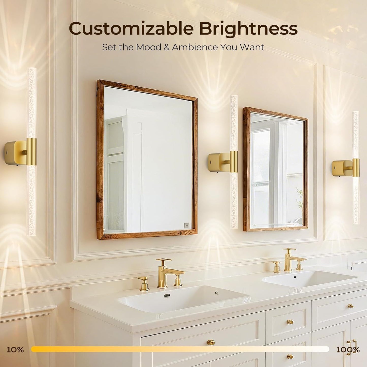 Battery Operated Wall Sconce Set of 2 Brushed Gold 12000mAh Rechargeable Wall Light with Crystal Acrylic 24" Wireless CCT Dimmable 350°Rotate Remote Wall Lamp for Bedroom Living Room