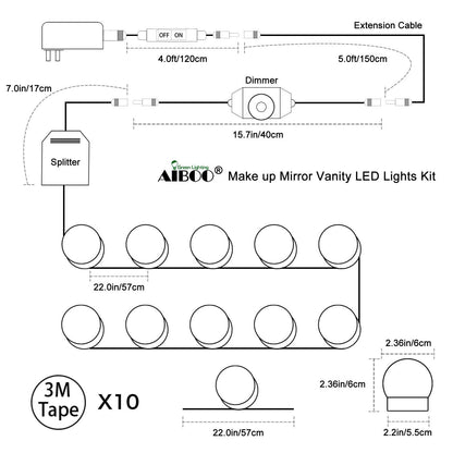 Hollywood Super Star Style Makeup Mirror Vanity LED Light Bulbs Kit for Dressing Table Dimmable & Plug in, Linkable and Flexible Strip, Mirror Not Included