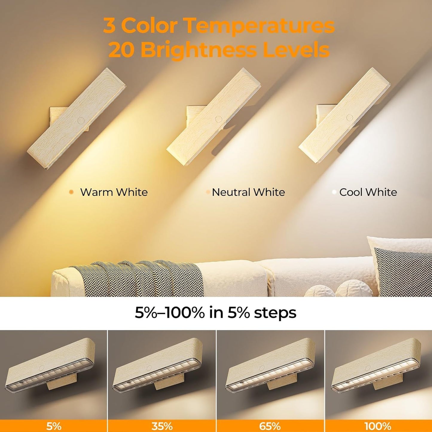 Magnetic Wireless Battery Operated Wall Sconce, Rechargeable Remote Control & Touch Control Wall Sconces Set of Two, 3-Color Temperatures LED Wall Lights, 360° Rotatable (Beech, 2-Pack)