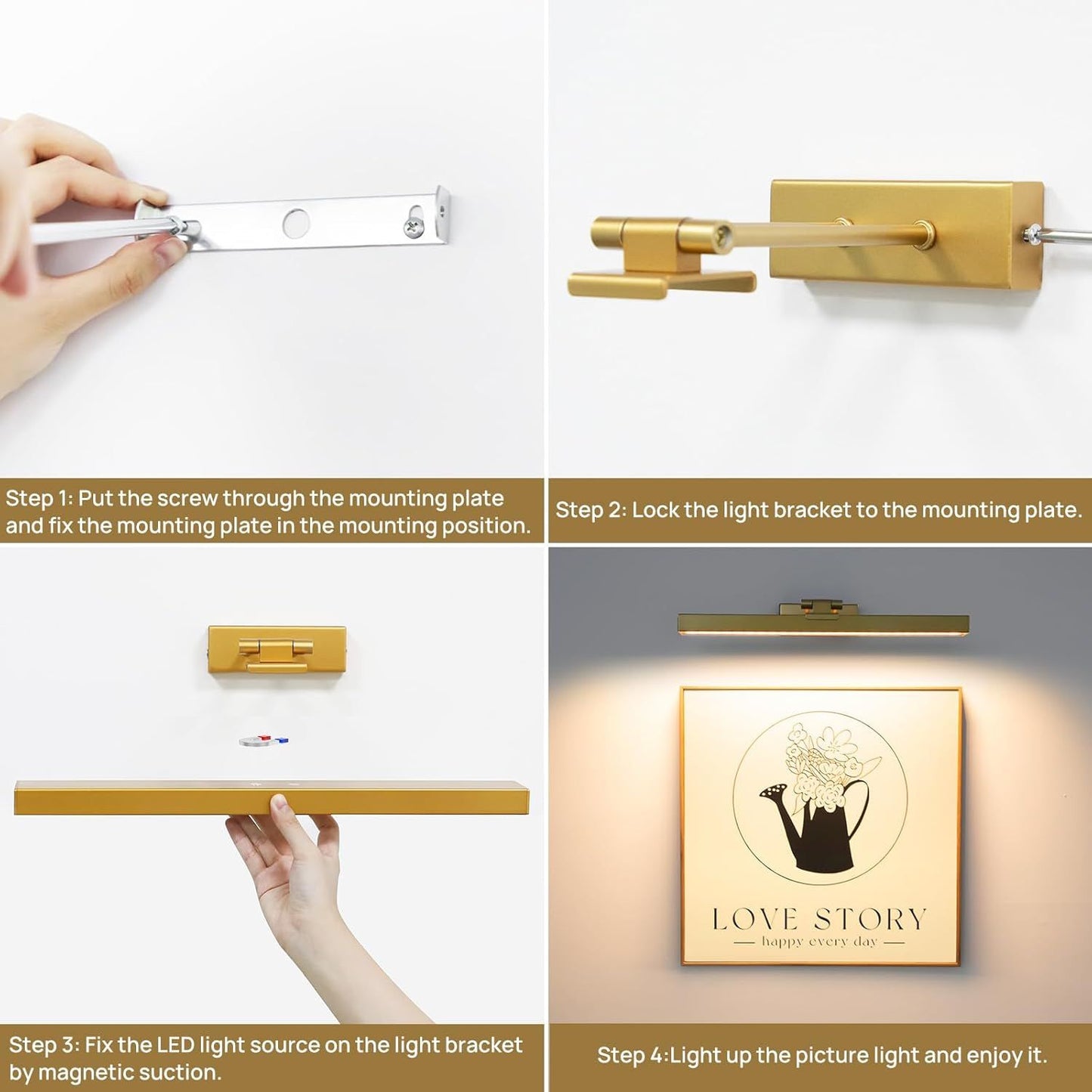 Picture Light Battery Operated, 16in Wireless Art Light for Paintings CCT Dimmable Recharging Battery Picture Light with Remote Control for Gallery Dartboard Art Bedroom Bathroom Gold