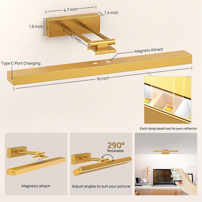 Picture Light Battery Operated, 16in Wireless Art Light for Paintings CCT Dimmable Recharging Battery Picture Light with Remote Control for Gallery Dartboard Art Bedroom Bathroom Gold