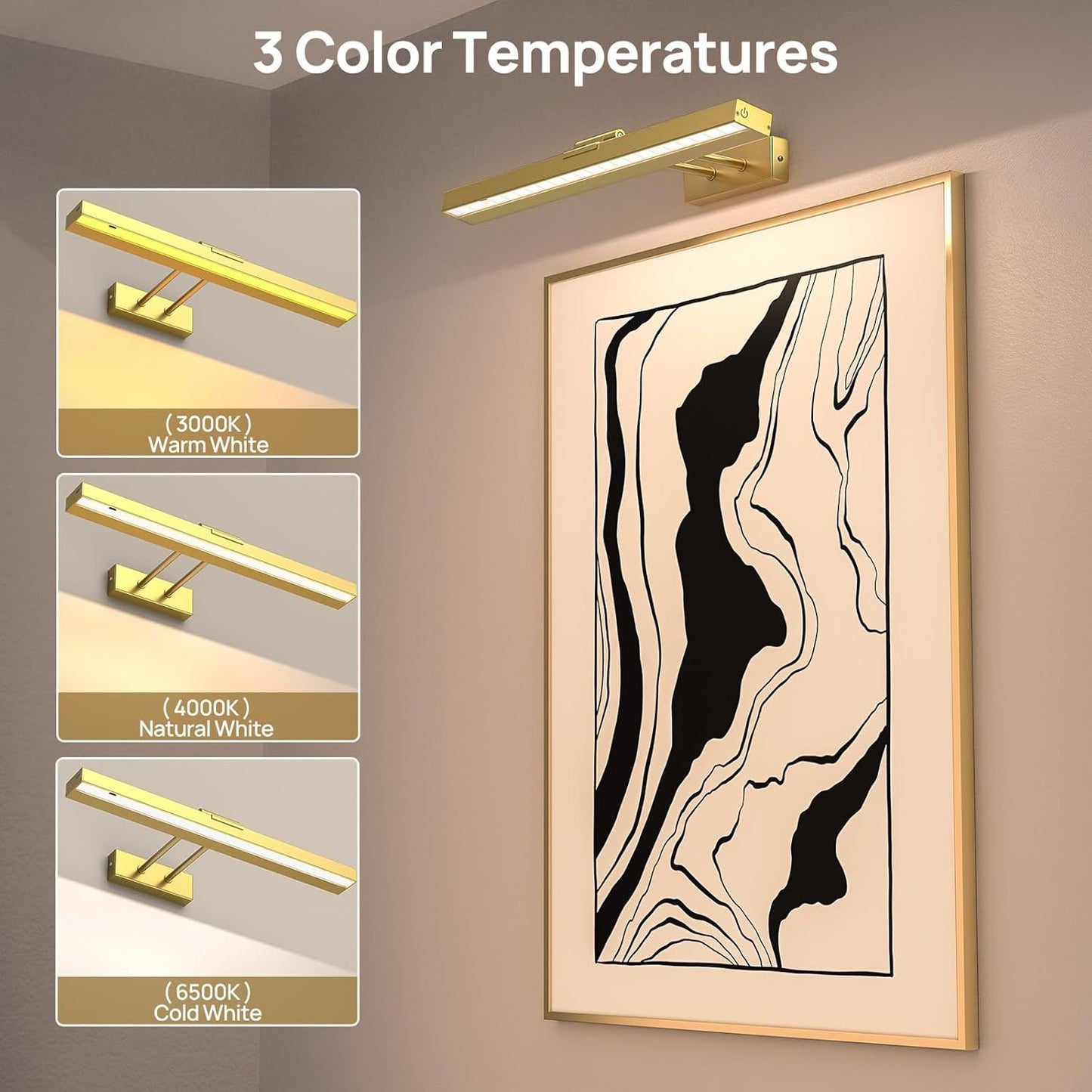 Picture Light Battery Operated, 16in Wireless Art Light for Paintings CCT Dimmable Recharging Battery Picture Light with Remote Control for Gallery Dartboard Art Bedroom Bathroom Gold