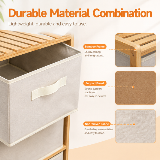 3 Drawer Bamboo Storage Chest Fabric Drawers Multi-Purpose Organiser for Bedroom Bathroom Laundry