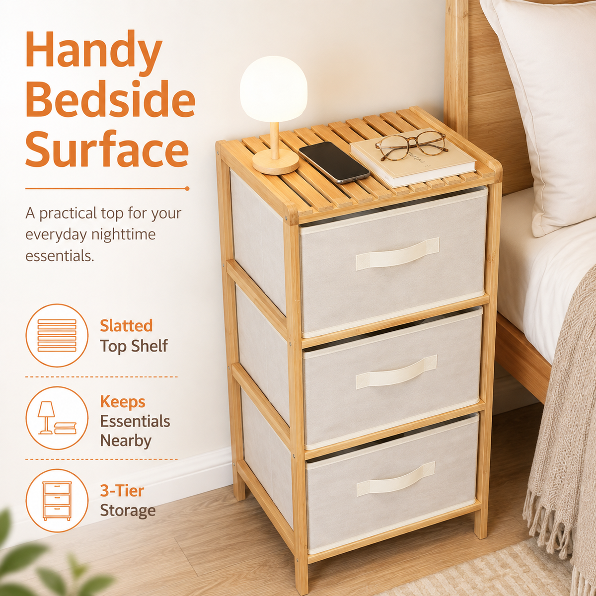 3 Drawer Bamboo Storage Chest Fabric Drawers Multi-Purpose Organiser for Bedroom Bathroom Laundry