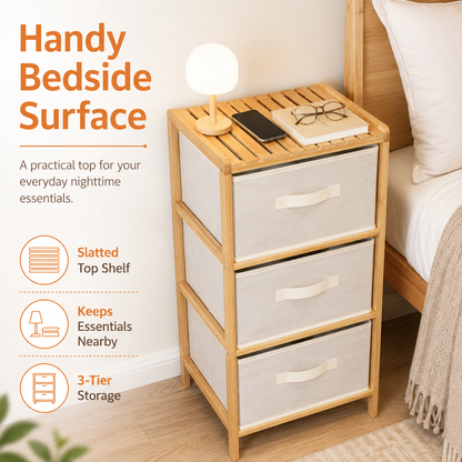 3 Drawer Bamboo Storage Chest Fabric Drawers Multi-Purpose Organiser for Bedroom Bathroom Laundry
