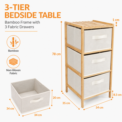 3 Drawer Bamboo Storage Chest Fabric Drawers Multi-Purpose Organiser for Bedroom Bathroom Laundry