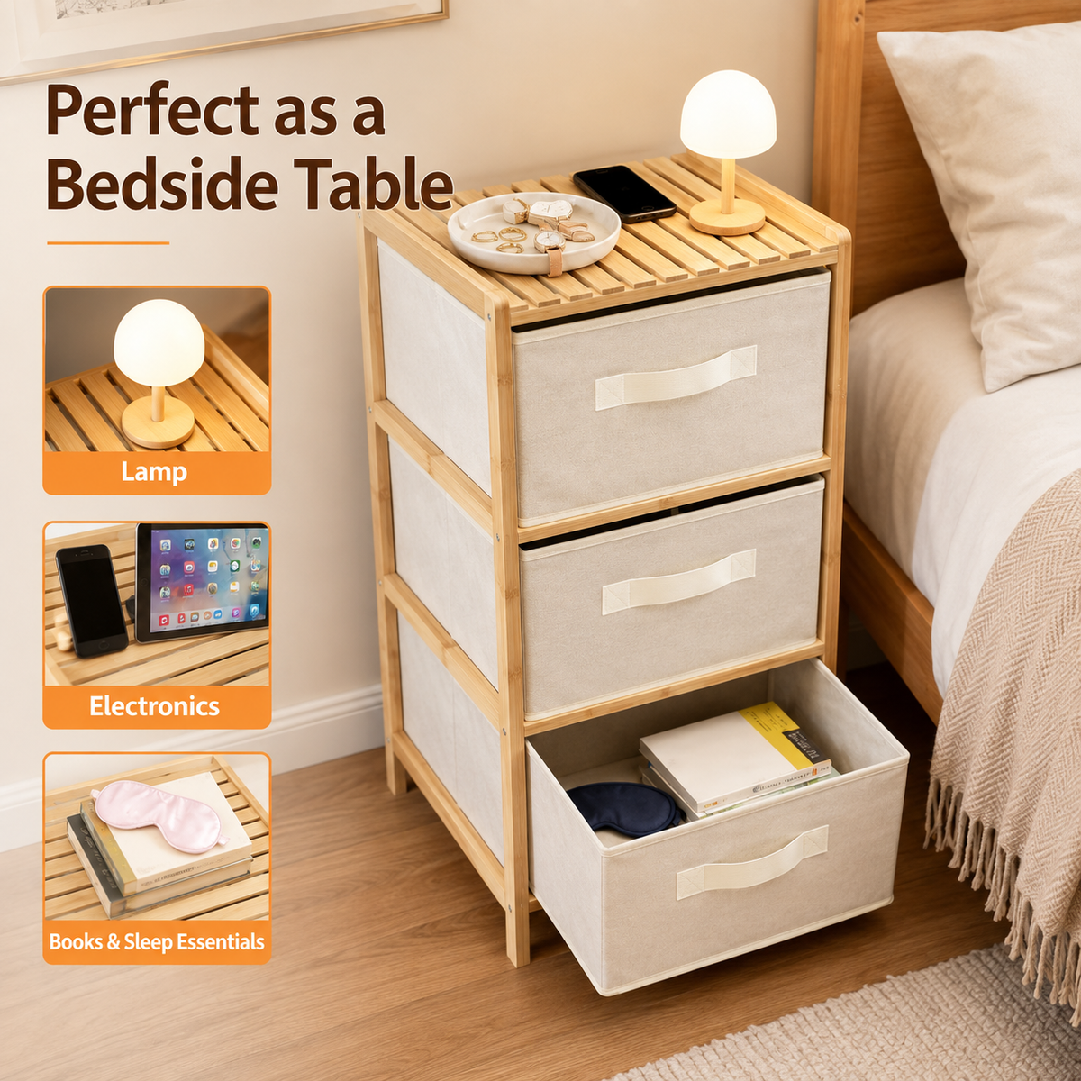 3 Drawer Bamboo Storage Chest Fabric Drawers Multi-Purpose Organiser for Bedroom Bathroom Laundry