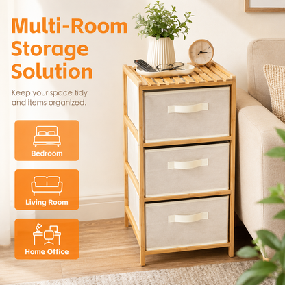 3 Drawer Bamboo Storage Chest Fabric Drawers Multi-Purpose Organiser for Bedroom Bathroom Laundry