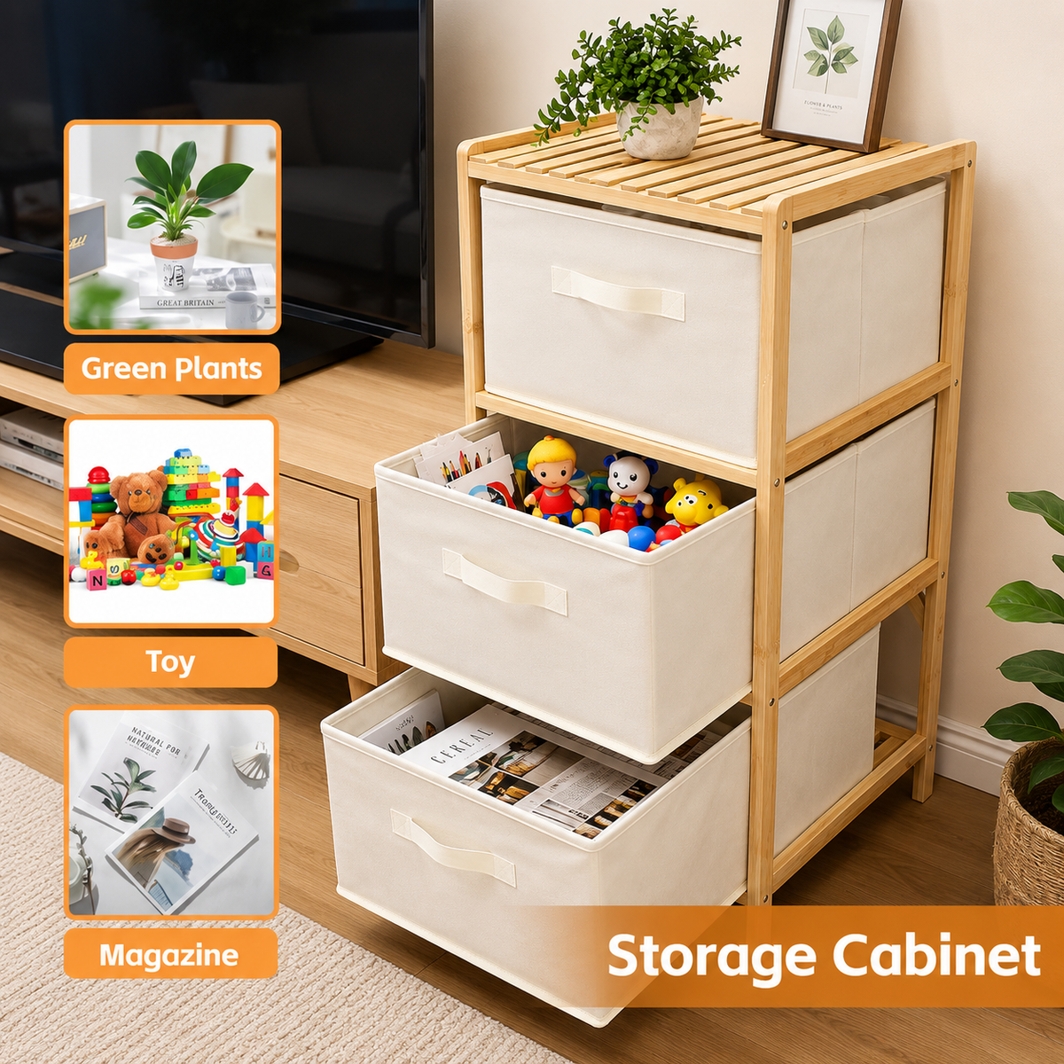 3 Drawer Bamboo Storage Chest Fabric Drawers Multi-Purpose Organiser for Bedroom Bathroom Laundry
