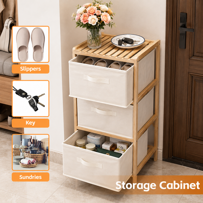3 Drawer Bamboo Storage Chest Fabric Drawers Multi-Purpose Organiser for Bedroom Bathroom Laundry