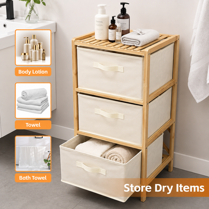 3 Drawer Bamboo Storage Chest Fabric Drawers Multi-Purpose Organiser for Bedroom Bathroom Laundry