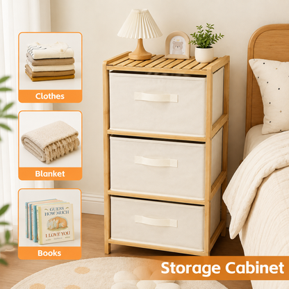 3 Drawer Bamboo Storage Chest Fabric Drawers Multi-Purpose Organiser for Bedroom Bathroom Laundry