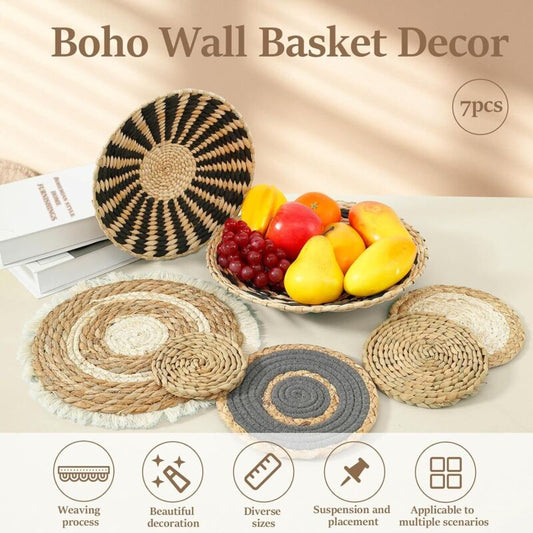 7 pcs Set Handmade Bohemian Wall Hanging Basket Wicker Rattan Wall Decor For Bedroom Dining ROom Office