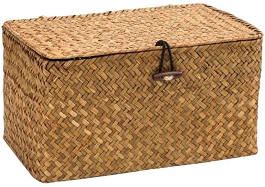 Handwoven Rattan Storage Box with Lid and Removable Dividers, 26 x 16 x 10 cm