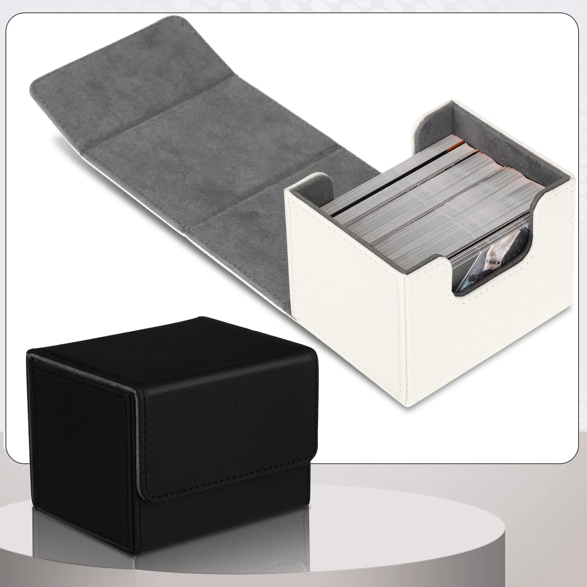 2 Boxes Leather Deck Card Boxes Large Sleeved Cards Deck Game Box for Collectible Cards Deck Playing Card (Black, White)