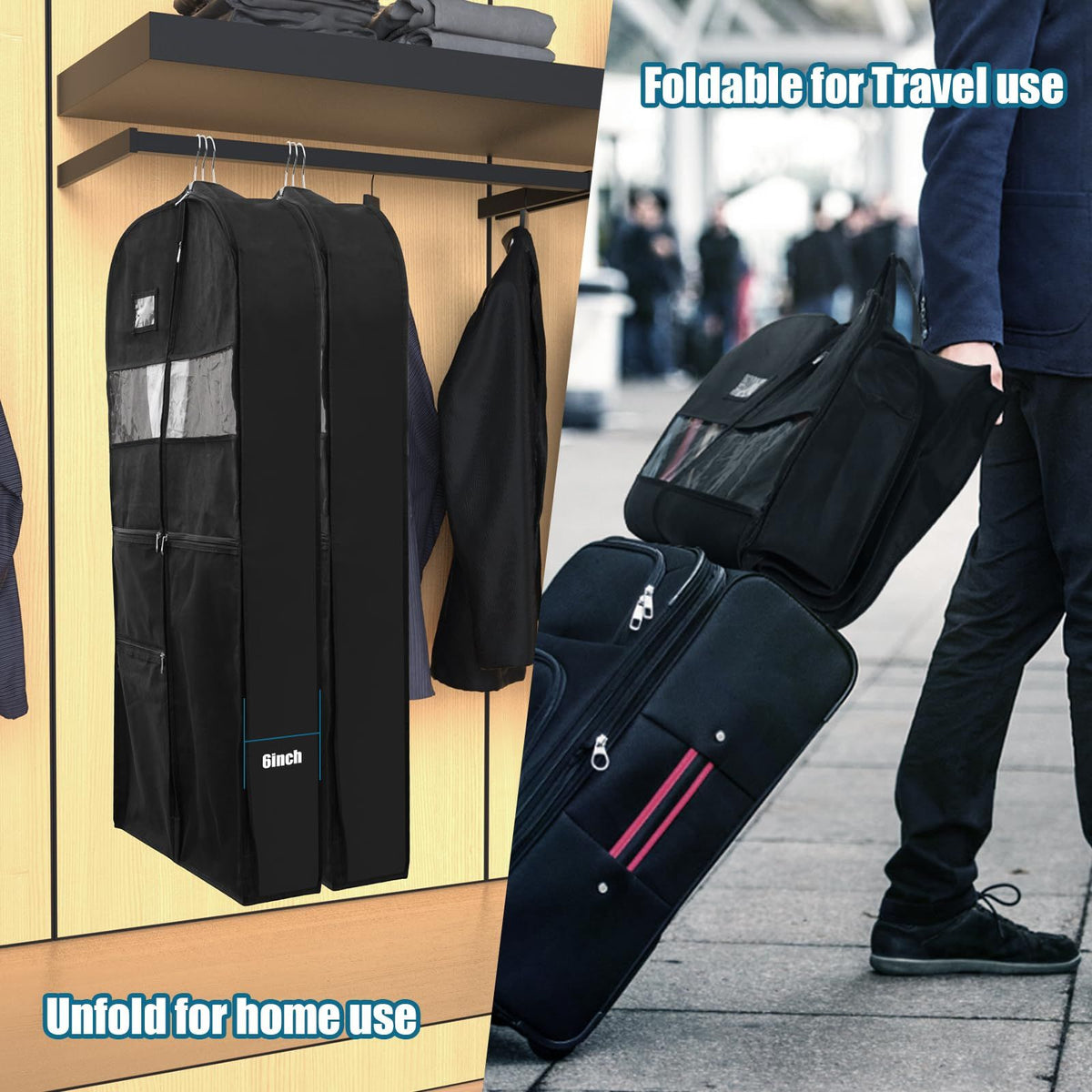 Garment Bags for Travel, 1Pack Heavy Duty 45" Hanging Garment Bags for Men, Double Sides Zipper & 3 Large Mesh Pockets