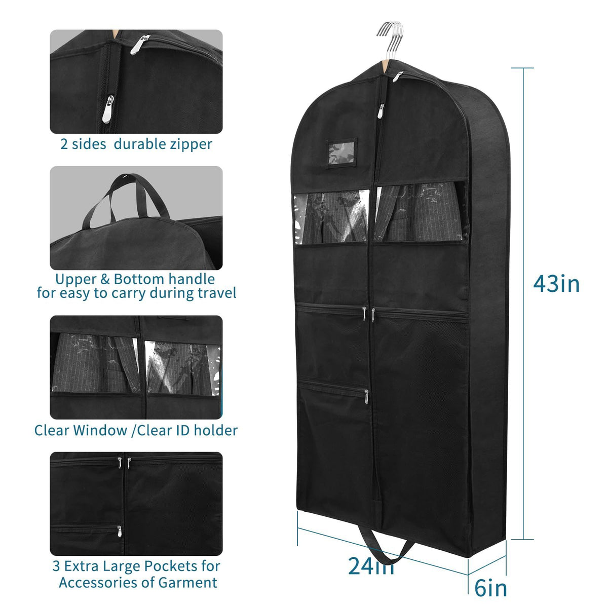 Garment Bags for Travel, 1Pack Heavy Duty 45" Hanging Garment Bags for Men, Double Sides Zipper & 3 Large Mesh Pockets