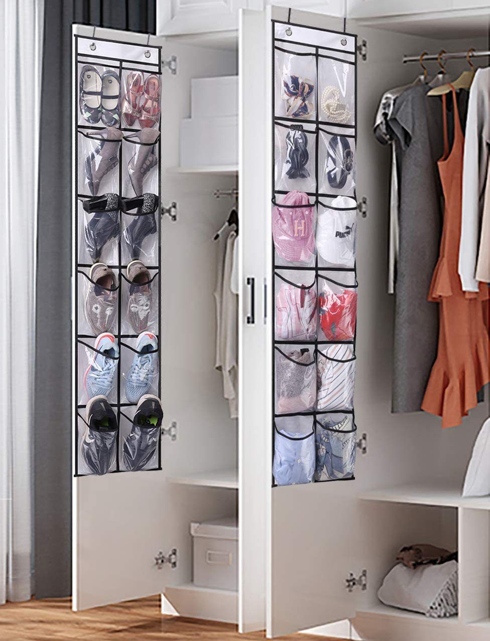 12 Large Mesh Pockets Hanging Narrow Closet Door, White, 2 Pack
 Hang in the bedroom for boots, high heels, sneakers;