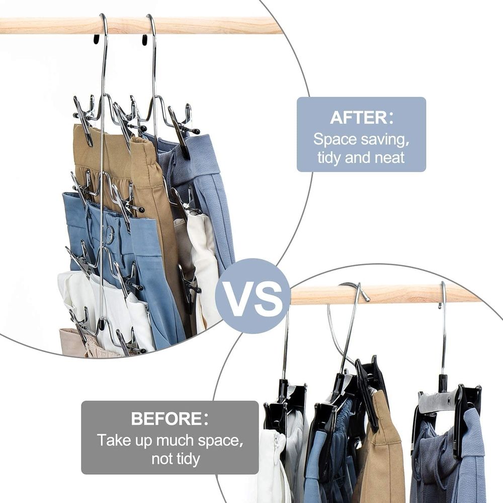 Skirt Pants Hangers Space Saving 4 Tier Metal Skirt Hanger with Adjustable Clips Pants Trouser Hangers Closet Organizer for Jeans, Slacks, Shorts - 1 Pack