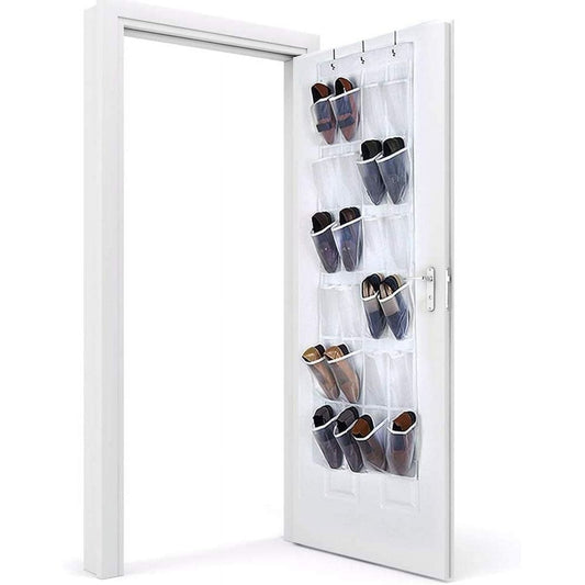 Over the Door Shoe Organizer, The Door Closet Shoes Storage,24 Clear Pockets Hanging Shoe Organizer with 3 Steel Hooks,Shoes Organizer for Closet Door Storage (White)