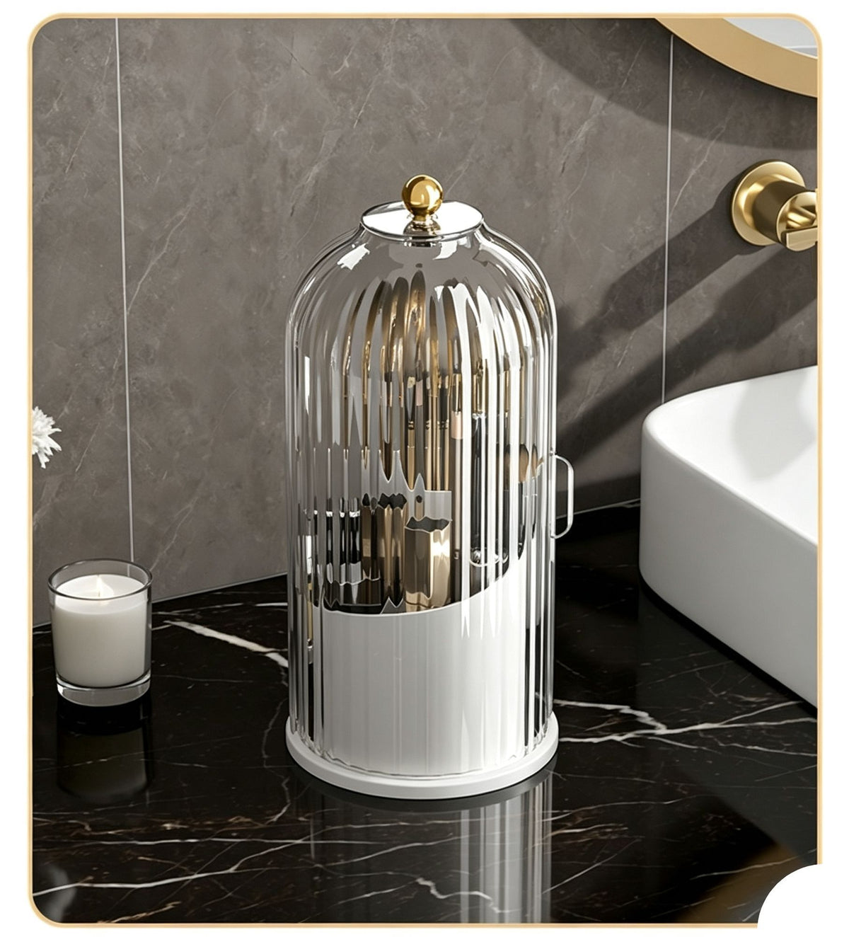 Rotatable Birdcage Desktop Storage Organiser, Dustproof Split Holder for Skincare Products, Stationery, Toiletries & Tableware, Transparent Grey, Christmas & Halloween Home Decor Gift
