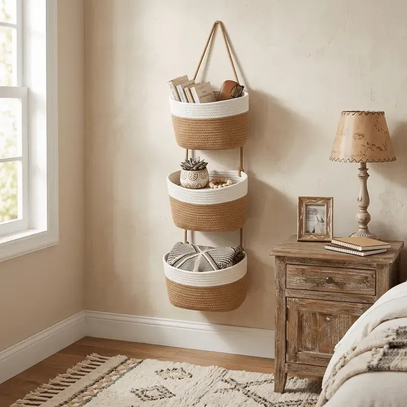 3-Tier Boho Cotton Rope Hanging Basket | No Installation, Large Capacity, Effortless Storage That Brightens Your Home