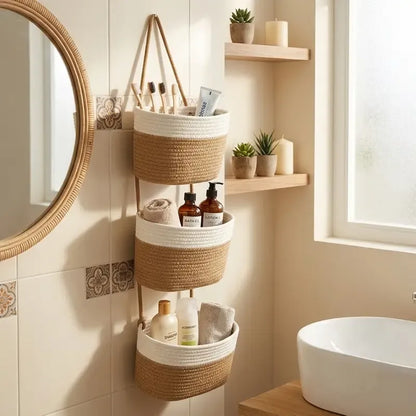 3-Tier Boho Cotton Rope Hanging Basket | No Installation, Large Capacity, Effortless Storage That Brightens Your Home