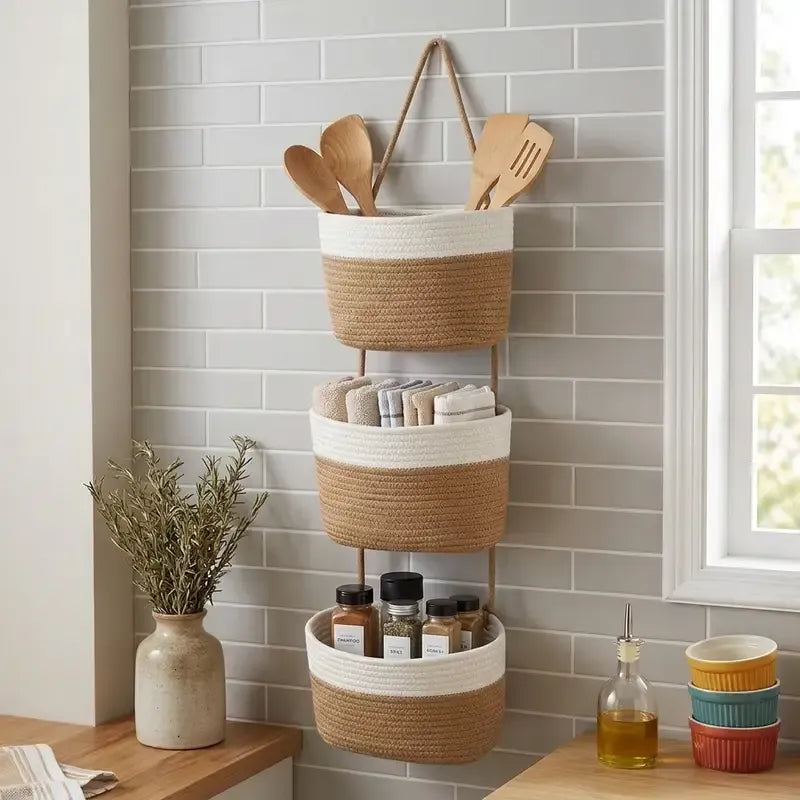 3-Tier Boho Cotton Rope Hanging Basket | No Installation, Large Capacity, Effortless Storage That Brightens Your Home