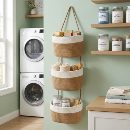 3-Tier Boho Cotton Rope Hanging Basket | No Installation, Large Capacity, Effortless Storage That Brightens Your Home