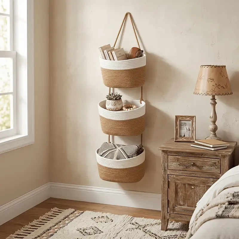 3-Tier Boho Cotton Rope Hanging Basket | No Installation, Large Capacity, Effortless Storage That Brightens Your Home
