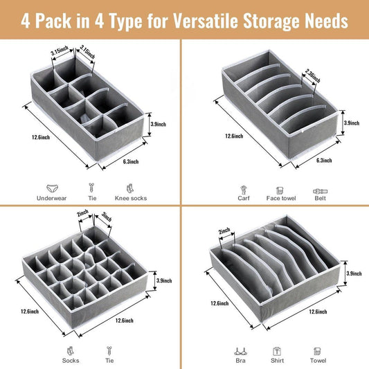 4 Pack Drawer Organizer Foldable Oxford Fabric Closet Storage Bins With Compartments For Underwear Socks Bras Baby Clothes Gray, 32 x 32 x 10 cm