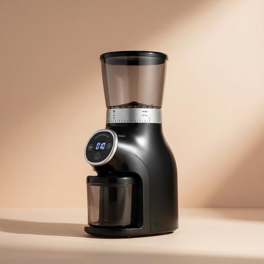 Black coffee grinder with digital display on a white background