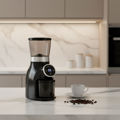 Black coffee grinder with digital display on a white background