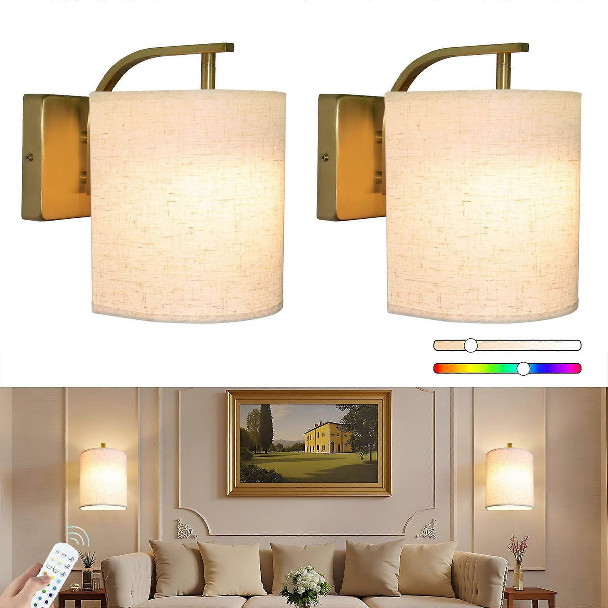 Battery Operated Wall Sconces Set of 2, Rechargeable LED Lights, Remote, 12 RGB Colors, Gold