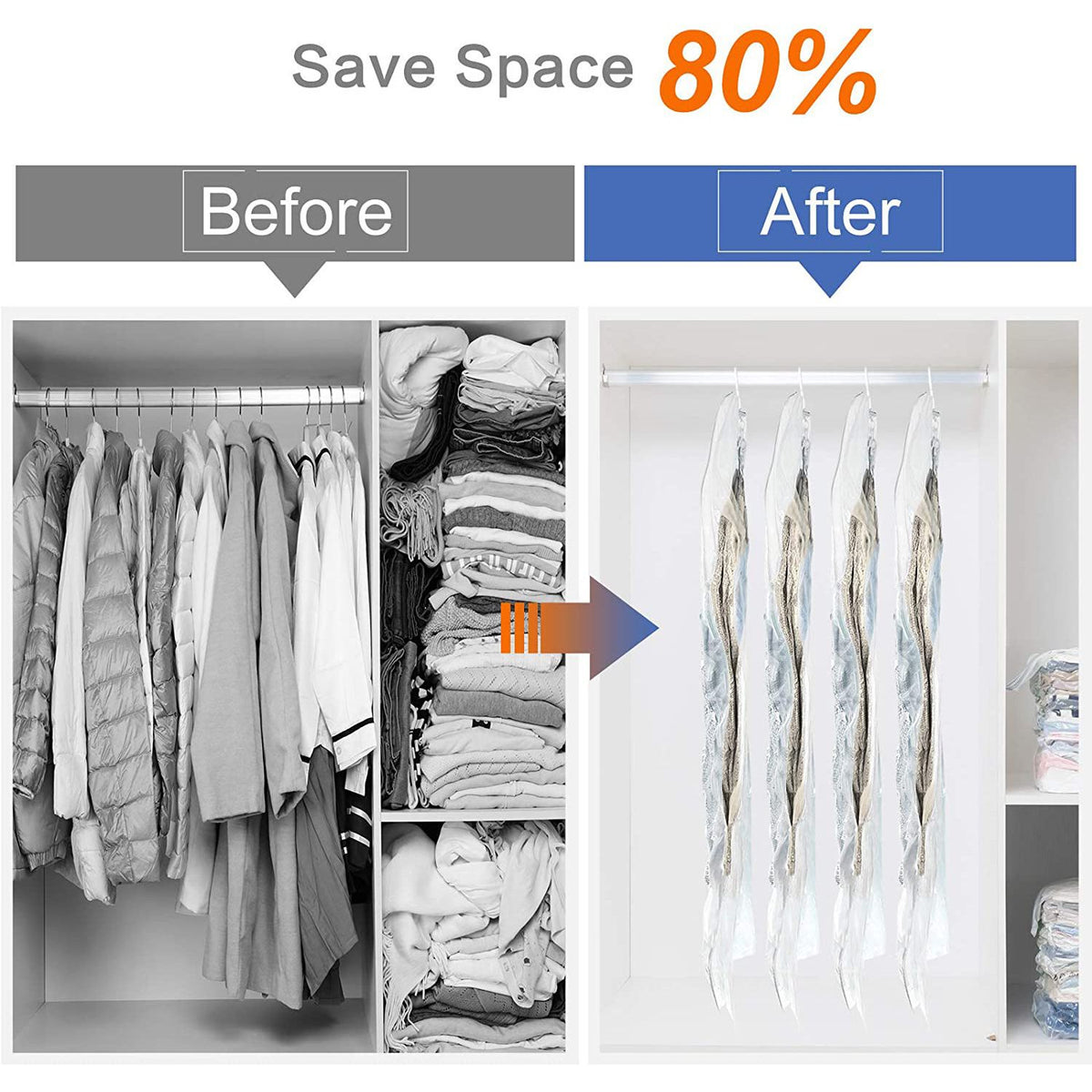 Hanging Vacuum Storage Bags Space Saver Bags for Clothes, 4 PackVacuum Seal Storage Bag for Suits, Coats or Jackets