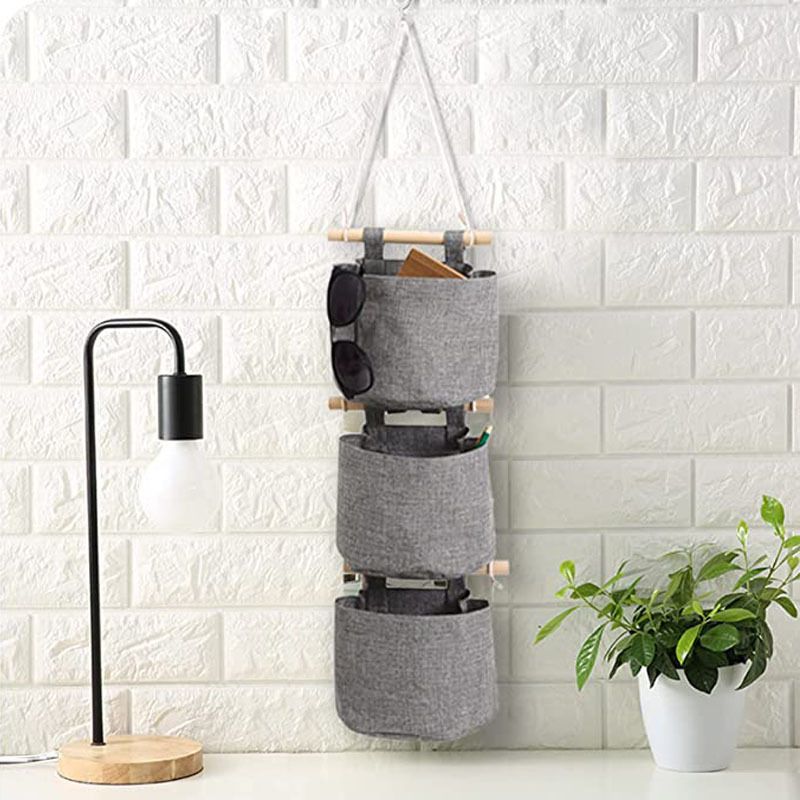 Cotton Linen Fabric Closet Detachable Foldable Washable Hanging Storage Bag with 3 Pockets Over The Wall Door Organizer for Room