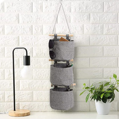 Cotton Linen Fabric Closet Detachable Foldable Washable Hanging Storage Bag with 3 Pockets Over The Wall Door Organizer for Room