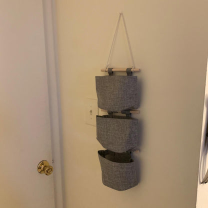 Cotton Linen Fabric Closet Detachable Foldable Washable Hanging Storage Bag with 3 Pockets Over The Wall Door Organizer for Room