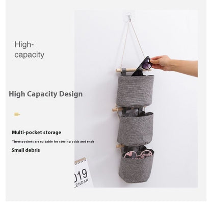 Cotton Linen Fabric Closet Detachable Foldable Washable Hanging Storage Bag with 3 Pockets Over The Wall Door Organizer for Room