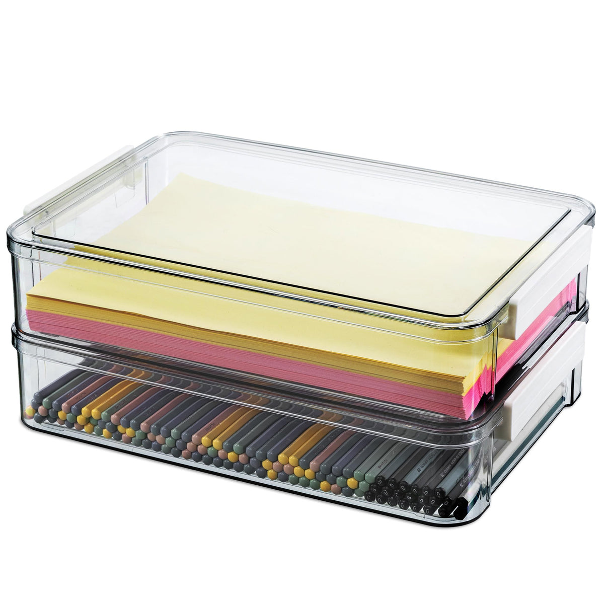 2 PCS Plastic Storage Bins with Lids and Latches, Portable Project Case for Drawers, Clear Stackable File Box for Documents
