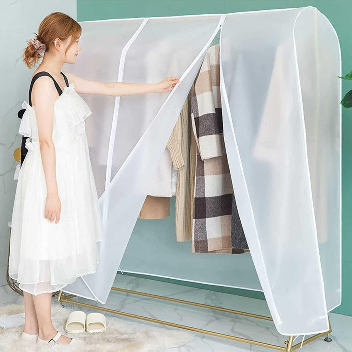 Garment Rack Cover LargeTranslucent Clothing Dustproof Cover With 2 Durable Zipper Protector (size：90cm×50c×150cm）