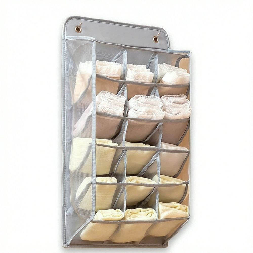 Durable Wardrobe Hanging Sock Organizer with 15 3D Mesh Pockets, 1 Pack, Space-saving Storage Hanging Bag for Underpants