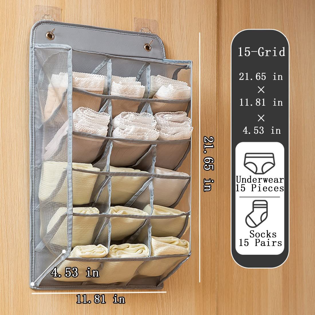 Durable Wardrobe Hanging Sock Organizer with 15 3D Mesh Pockets, 1 Pack, Space-saving Storage Hanging Bag for Underpants