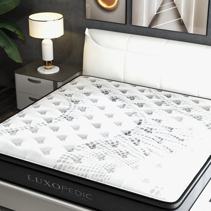 Luxopedic Pocket Spring Mattress 5 Zone 32CM Euro Top Memory Foam Medium Firm - Single - White Grey - Furniture >